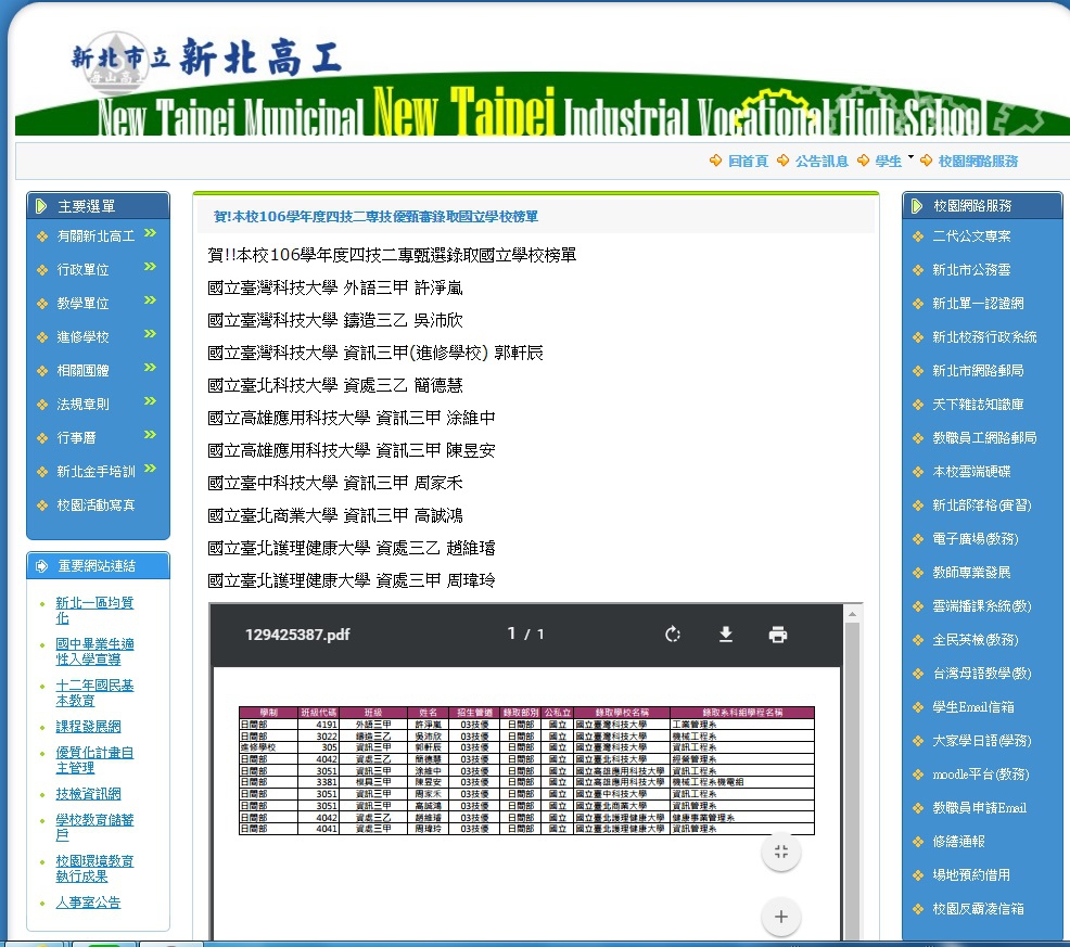 106學年度四技二專技優甄審錄取國立學校優秀學生榜單